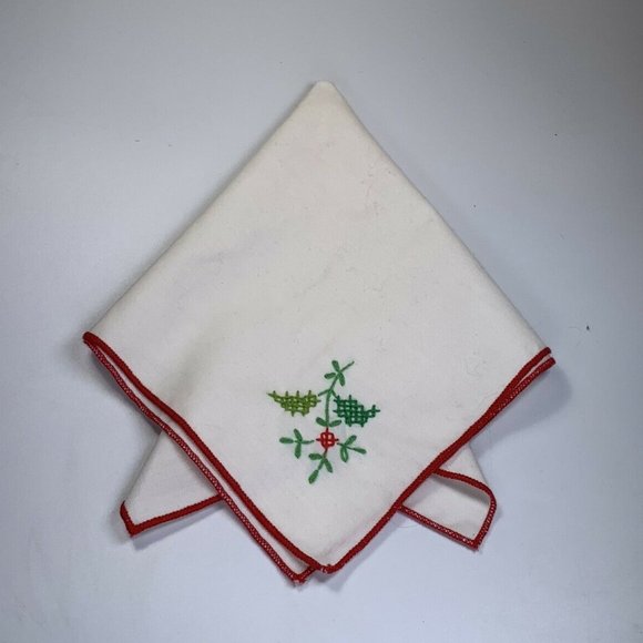 Handmade Kitchen Vintage Holly Christmas Cross Stitch Hankey Cotton